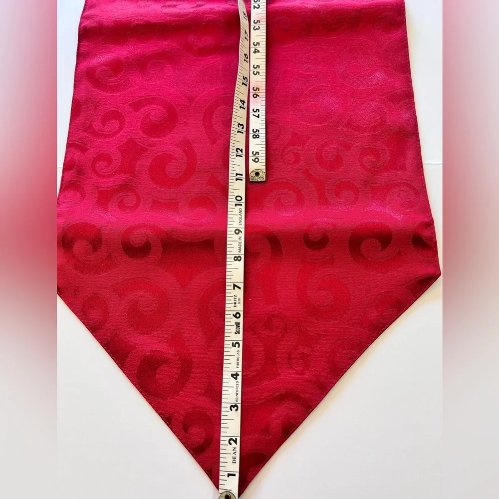 Rich Red Damask Designed Table Runner with Tassels. Approximately 72 x 14 Inches